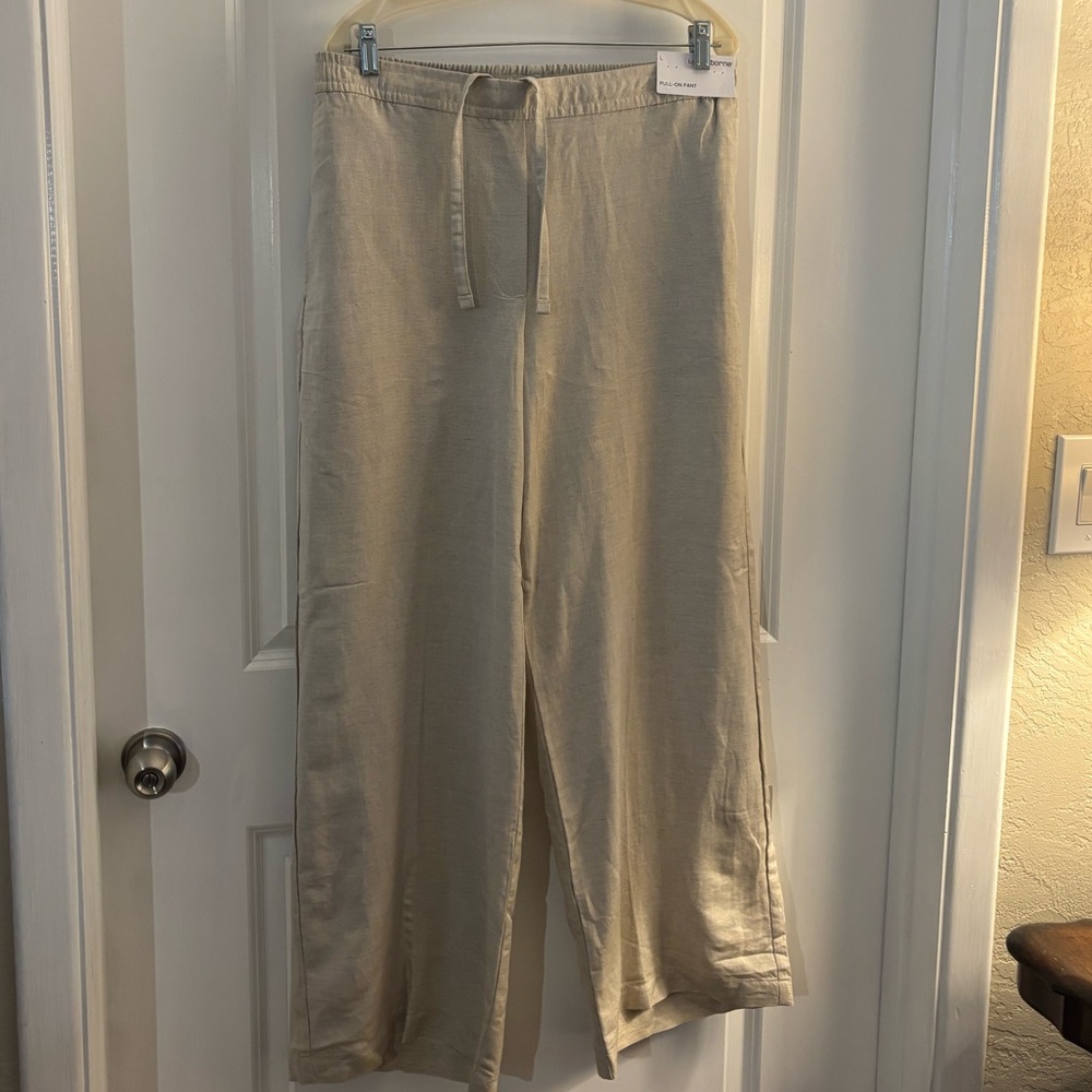 Women’s Liz Claiborne Pull-on Drawstring Linen-Blend Pants — Beige Sz L NWT